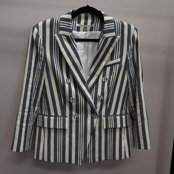 Veronica Beard Millar Blazer Size Medium Blue Cream Striped Linen Blend - Picture 11 of 11